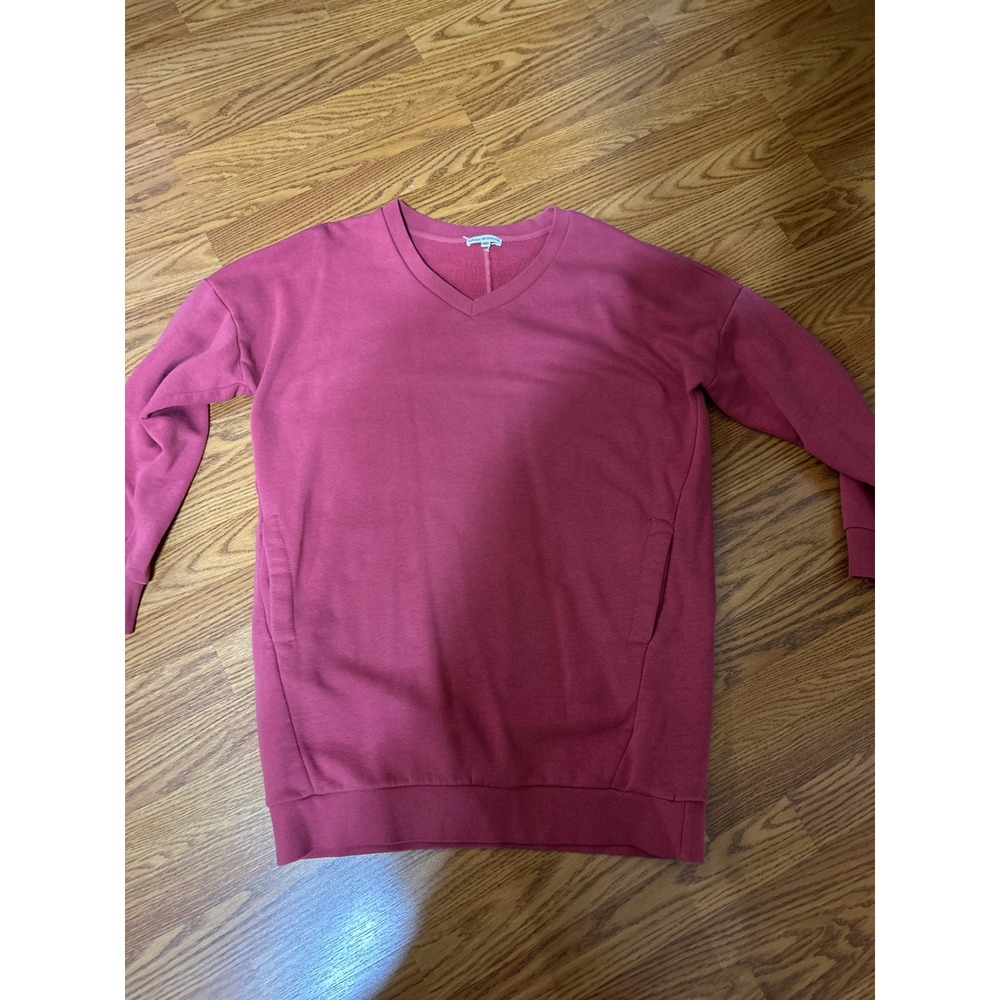 Zenana Outfitters Berry Pink V-Neck Oversized Fleece Sweatshirt Pockets S/M